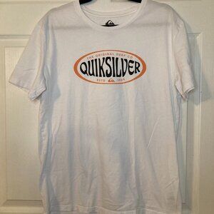 Quicksilver Men's White Short Sleeve T-Shirt - Orange "Circle Up" Logo - Size M